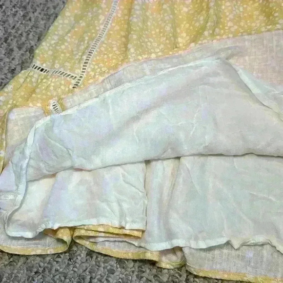 LUSH. Yellow/White Floral Sundress. 70% Linen. Lined. Mini. Elastic Back Wm Sz L - Picture 9 of 13